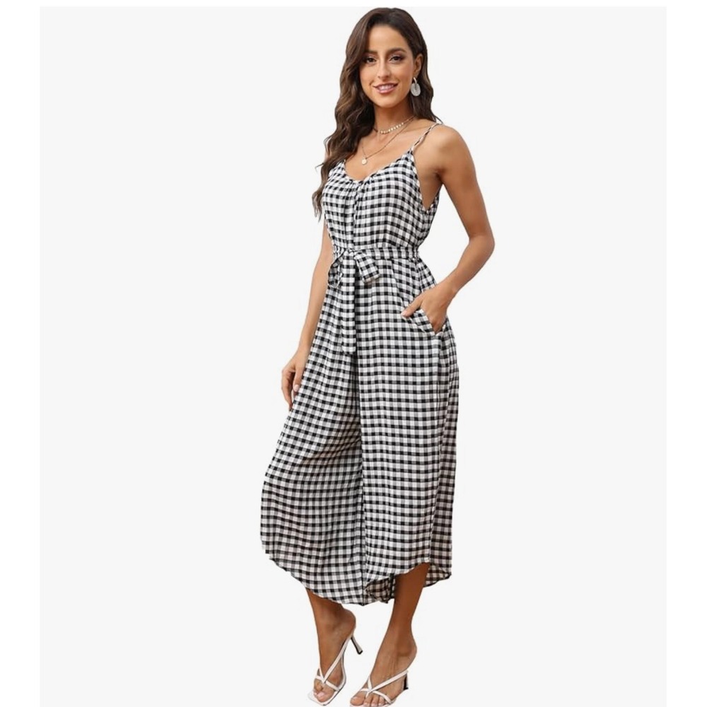 Buenos Ninos Black White Gingham Wide Leg Jumpsuit XL Belted Spaghetti Strap